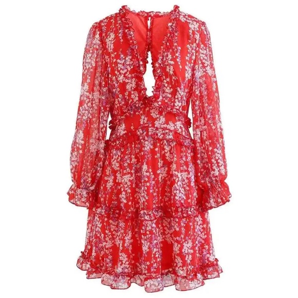 NEW Jenny Boston Boutique Red Floral Open Back Ruffle Chiffon Dress Size XS - Picture 4 of 5